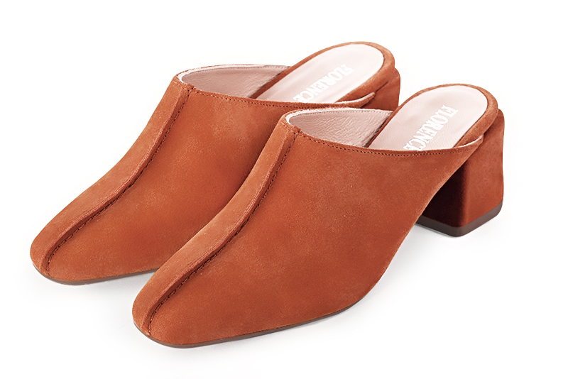 Terracotta orange women's clog mules. Square toe. Medium block heels. Front view - Florence KOOIJMAN